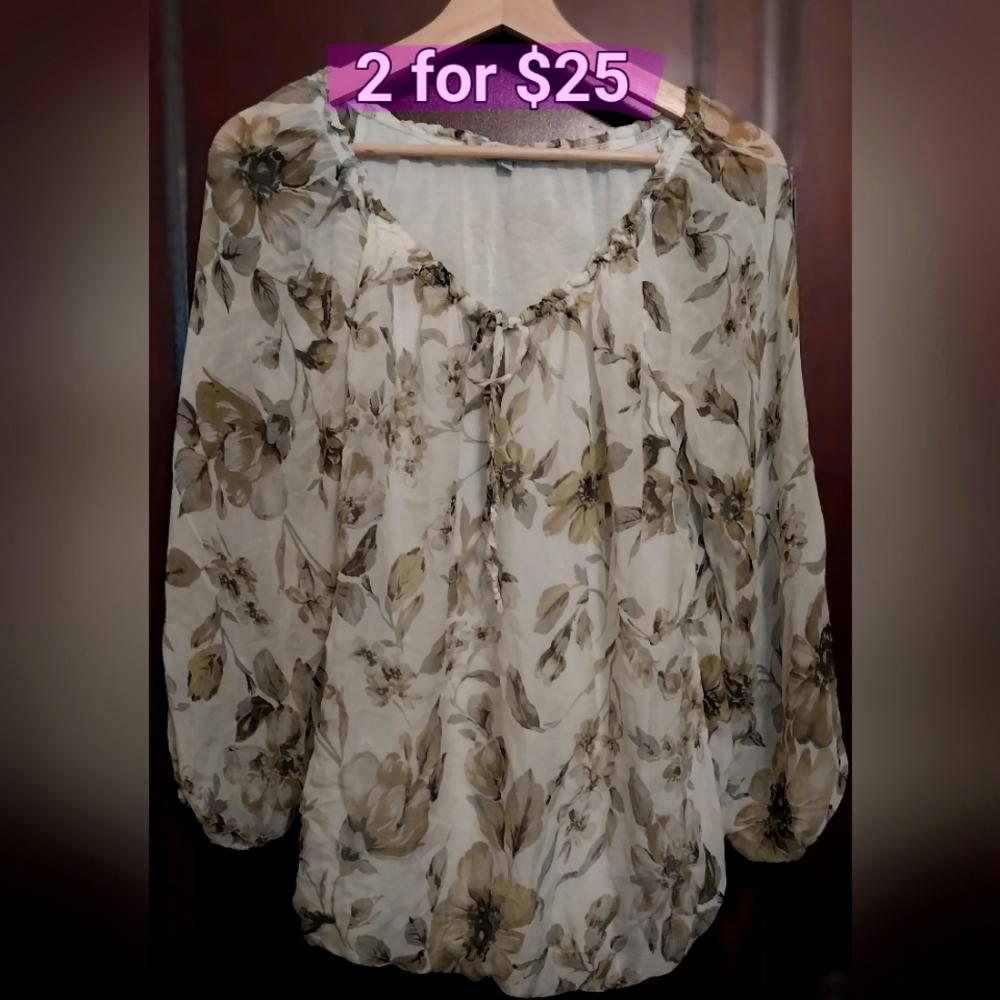 Lightweight Italian Neutral Colors Floral Print Silk Blouse